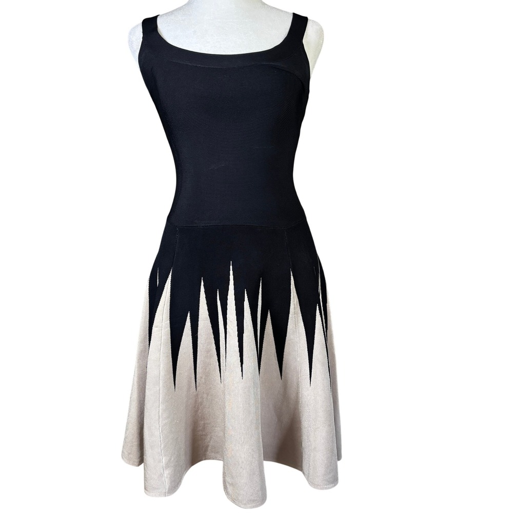 Marciano Dress Size‎ S Fit Flare Black Beige Bandage Knit Dress Stretch Bodycon